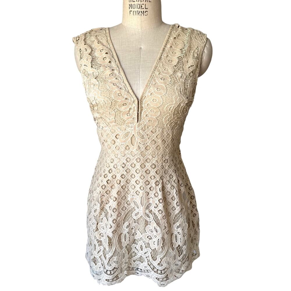 Free People One Million Lovers Lace Mini Tan Beige Boho Dress Size 8